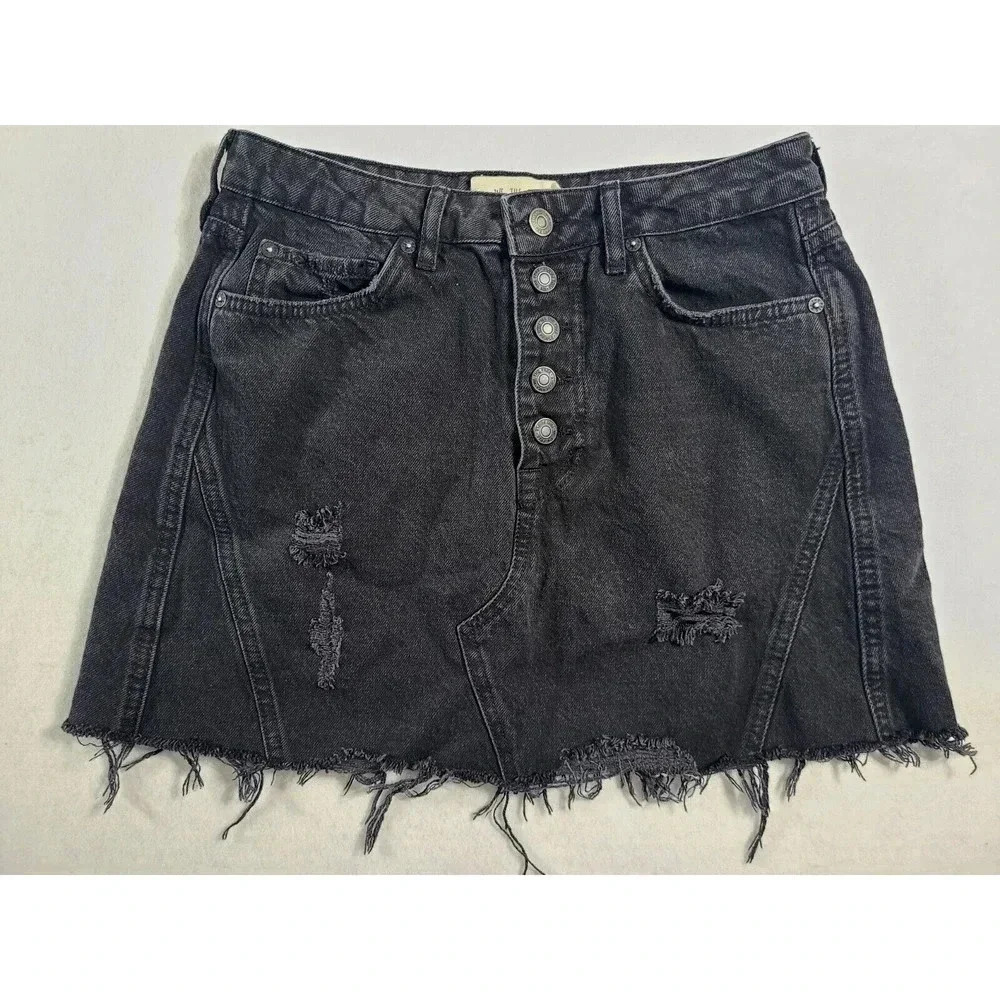 We The Free People Rainn Denim Mini Skirt Women's Size 28 Button Fly Distressed